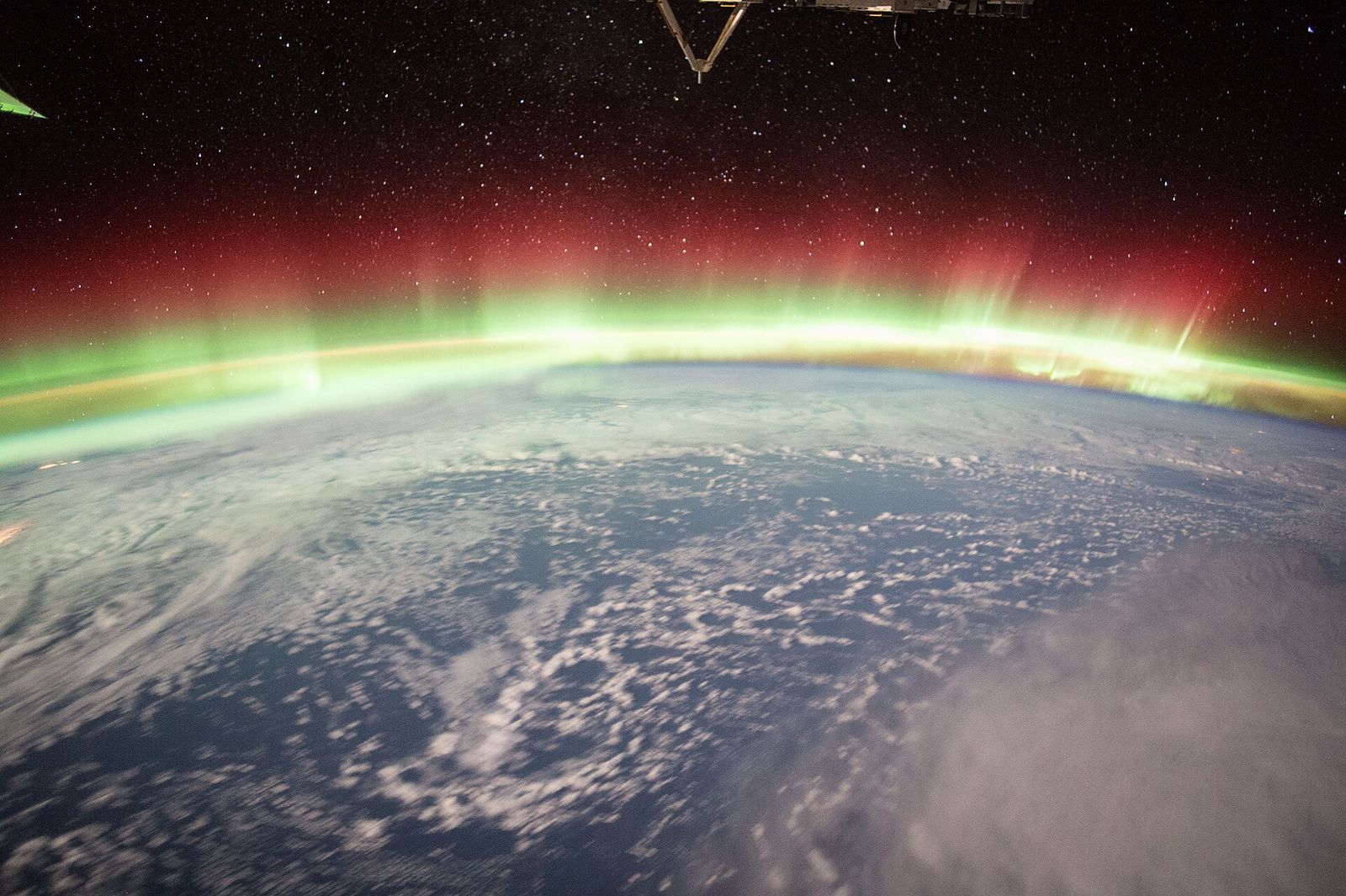 The aurora borealis over the North Pacific, photographed from the International Space Station.